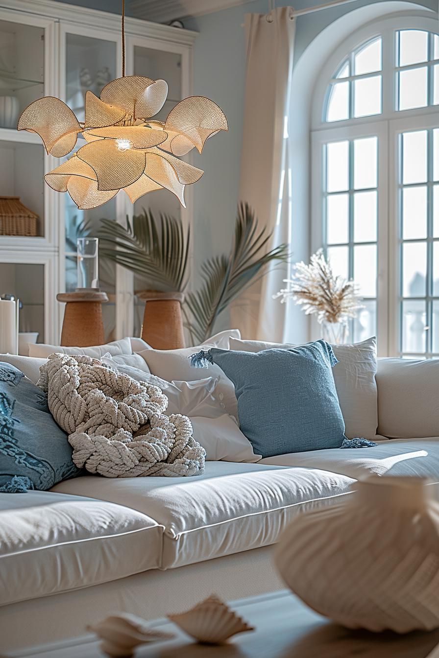 15 Aesthetic Modern Coastal Living Room Ideas 22 8. Seaside-Inspired Chandelier Arrangement-1