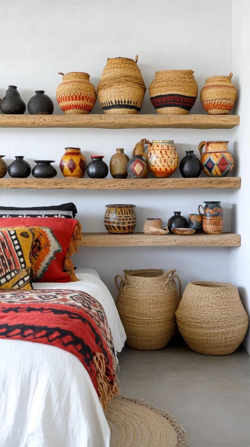 21 Stunning Western Boho Bedroom Ideas To Inspire You 29 8. Utilize a mix of woven baskets and hand-painted pottery displayed on open wooden shelving for added texture-3