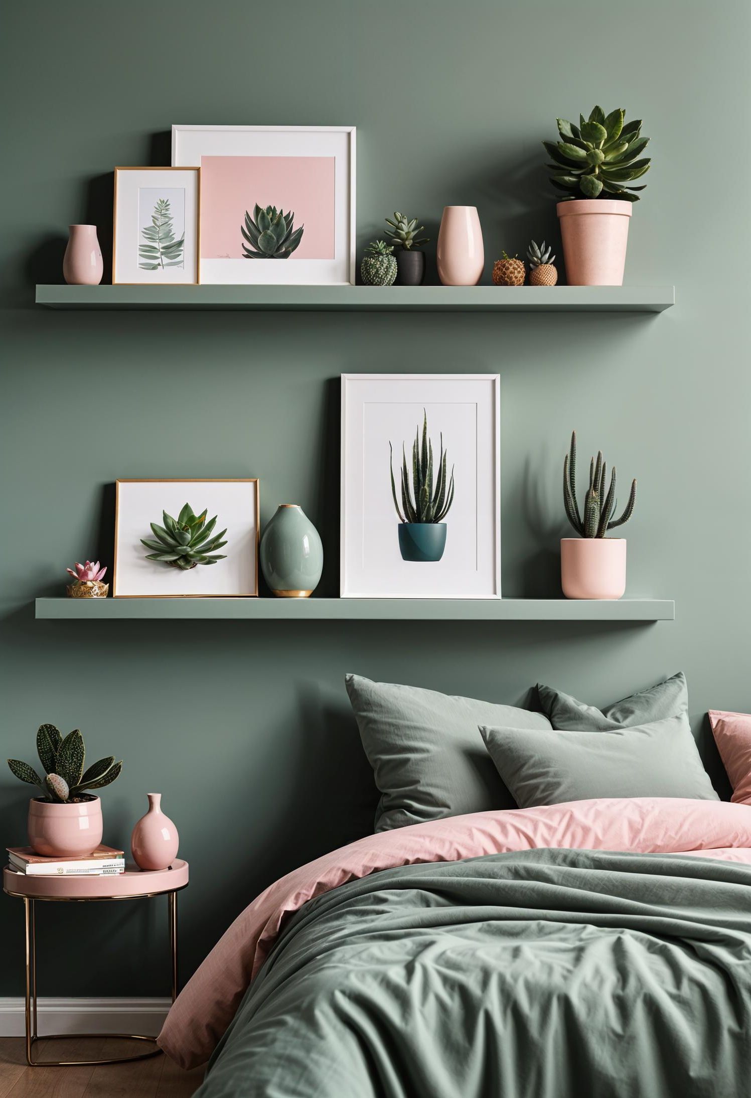 31 Chic Sage Green and Pink Bedroom Inspirations 18 10. Serene Shelving Decor in Blush-0