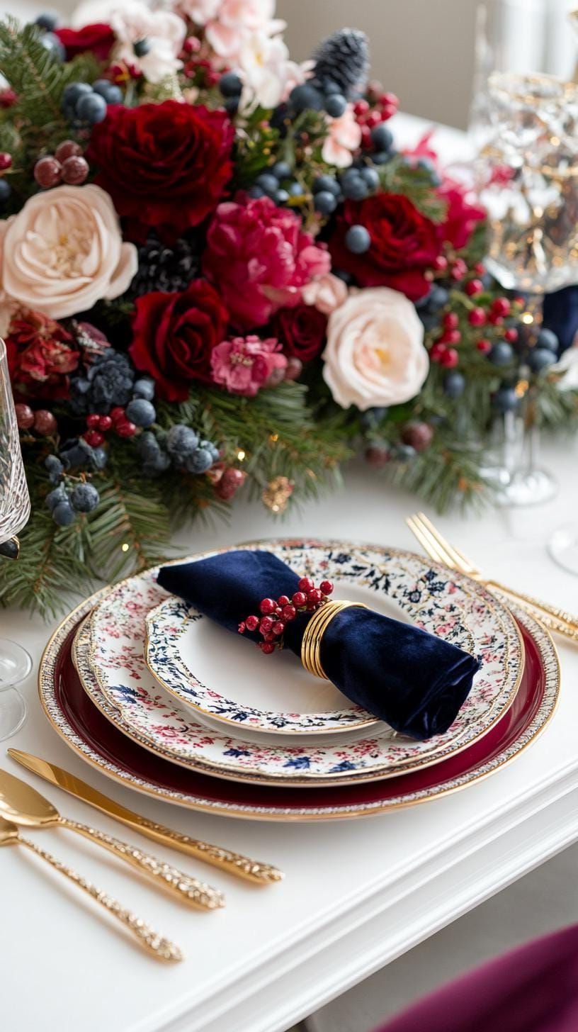 7. Jewel-Toned Christmas Table Setting with Rich Burgundy and Sapphire-1