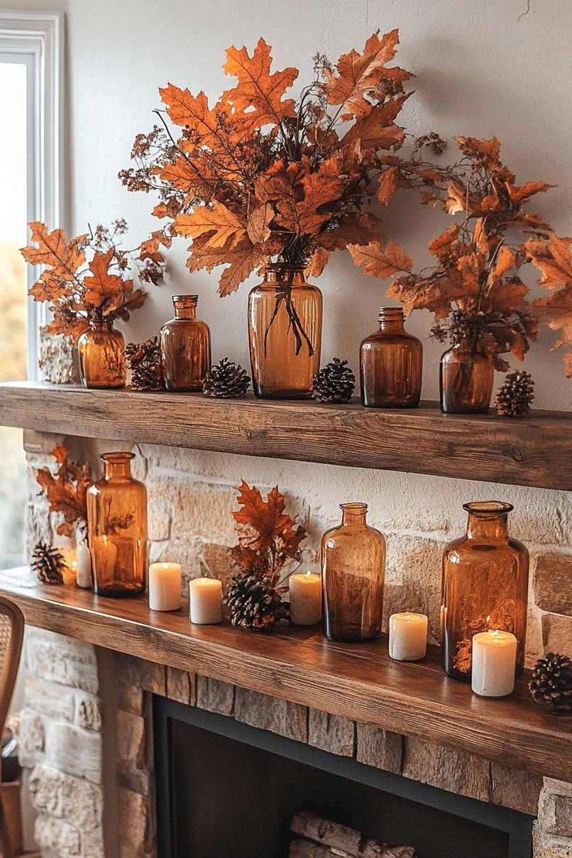 15 Cozy Fall Decor Ideas for Your Home 16 5. Amber Glass Fall Vases-1