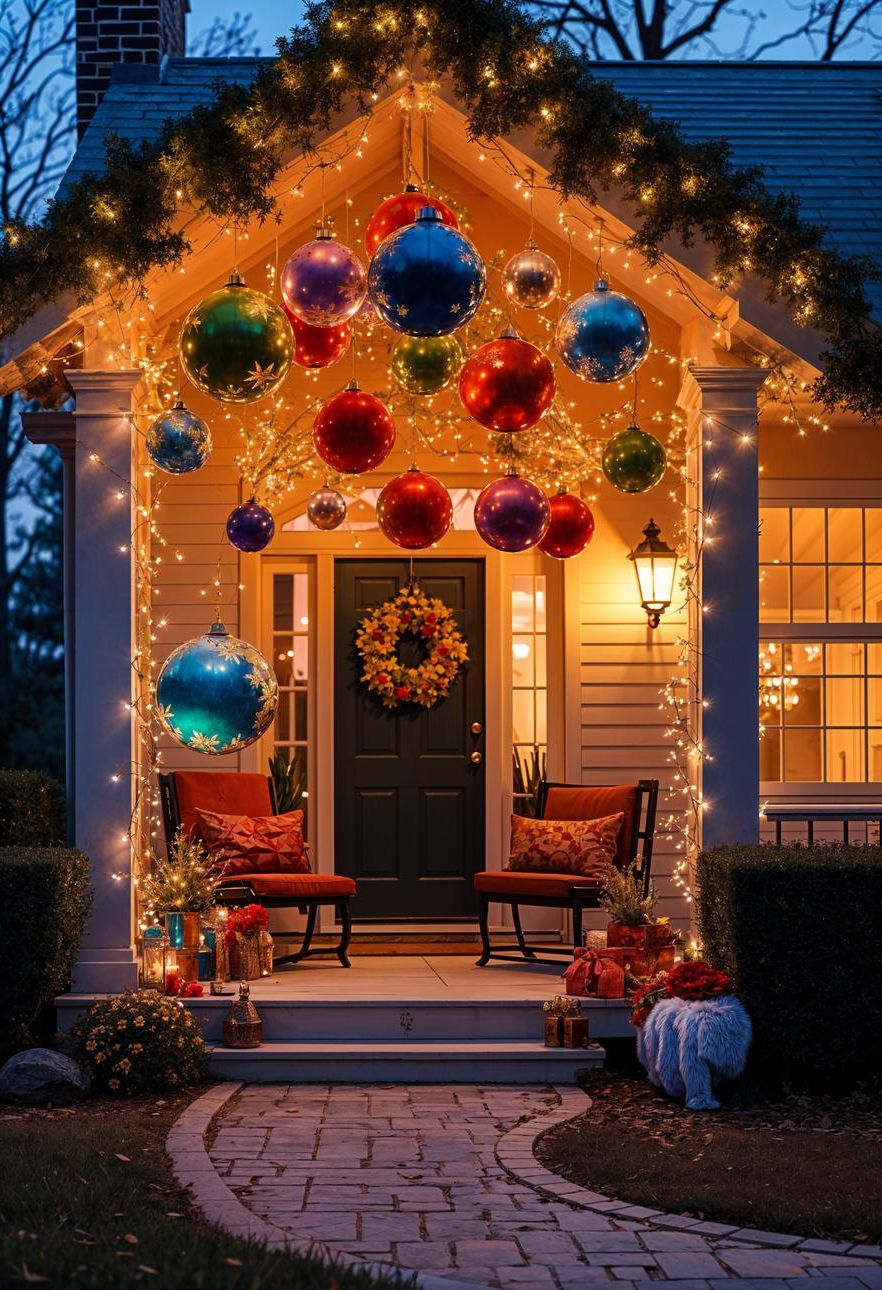 16 Unique Front Porch Christmas Decor Ideas for Holiday Season 38 13. Giant Ornaments for Festive Porches-2