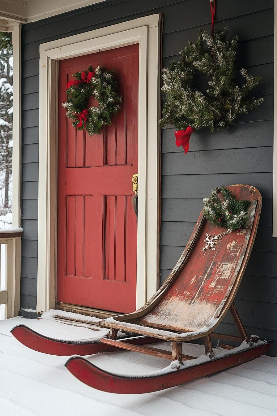 16 Unique Front Porch Christmas Decor Ideas for Holiday Season 21 7. Retro Sled Wall Decor Ideas-1