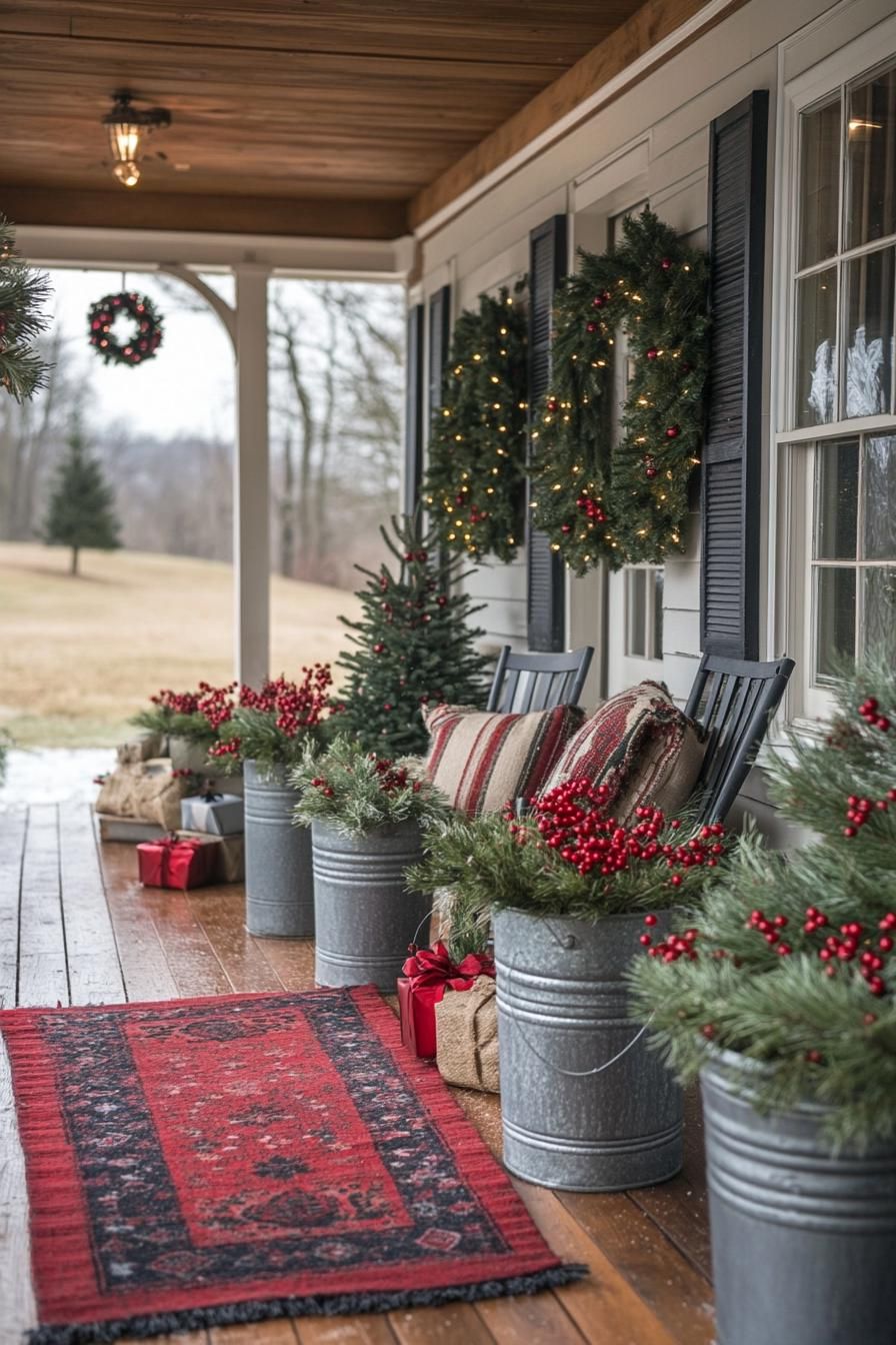 16 Unique Front Porch Christmas Decor Ideas for Holiday Season 23 8. Festive Pine-Filled Galvanized Buckets-1