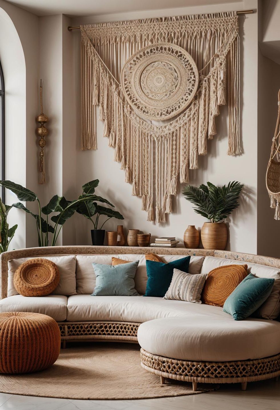 45 Chic & Modern Boho Living Room Ideas To Copy 63 27. Fluid Curved Sofa Layout-2