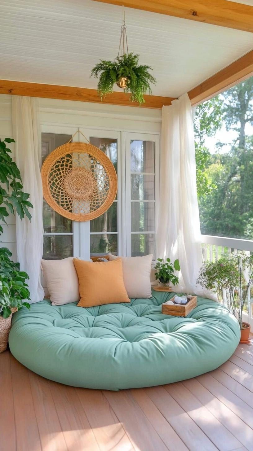 11. Peaceful Sanctuary: Add a meditation corner with sage floor cushions and delicate wall hangings-2