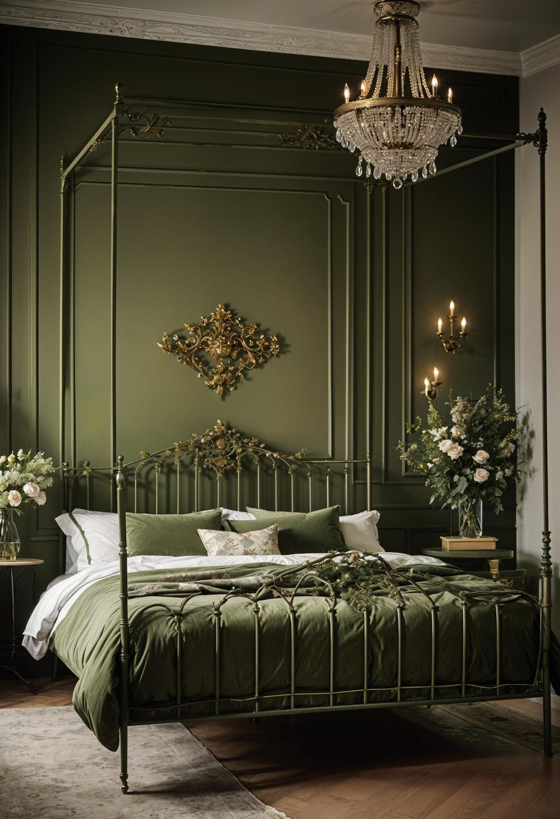 23 Stunning Olive Green Bedroom Ideas You’ll Absolutely Love 70 21. Vintage French Olive Green Bedroom with Elegant Iron Bedframes and Floral Patterns-2