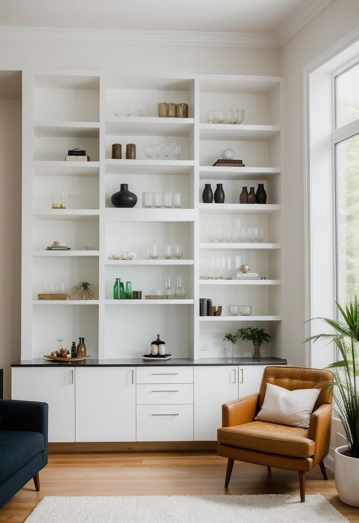 21 Elegant Built-In Shelves Ideas for the Living Room 8 6. Bar-Incorporated Mid-Century Modern Shelves-0