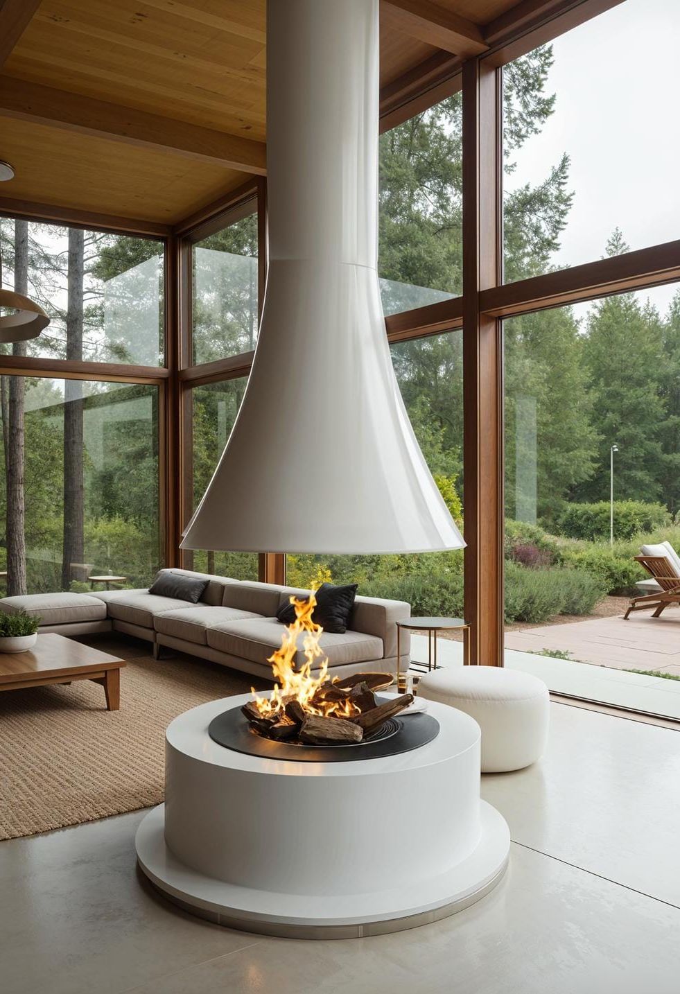 15. Freestanding white cylindrical fireplace against glass wall backdrop-1