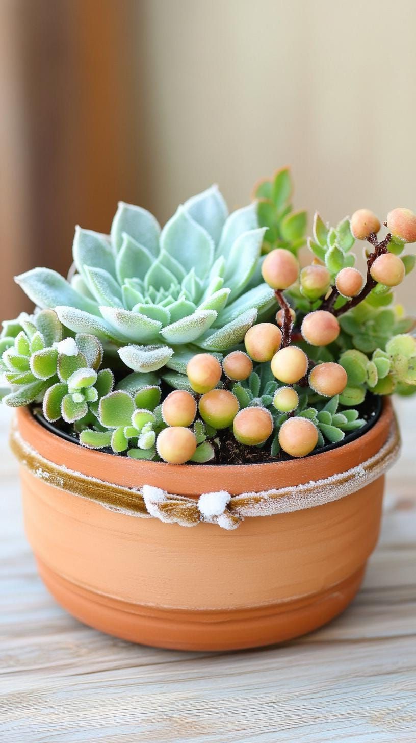 15 New Winter Floral Arrangements For Stunning Centerpieces 14 5. Frosty Succulents and Velvet Elegance-3