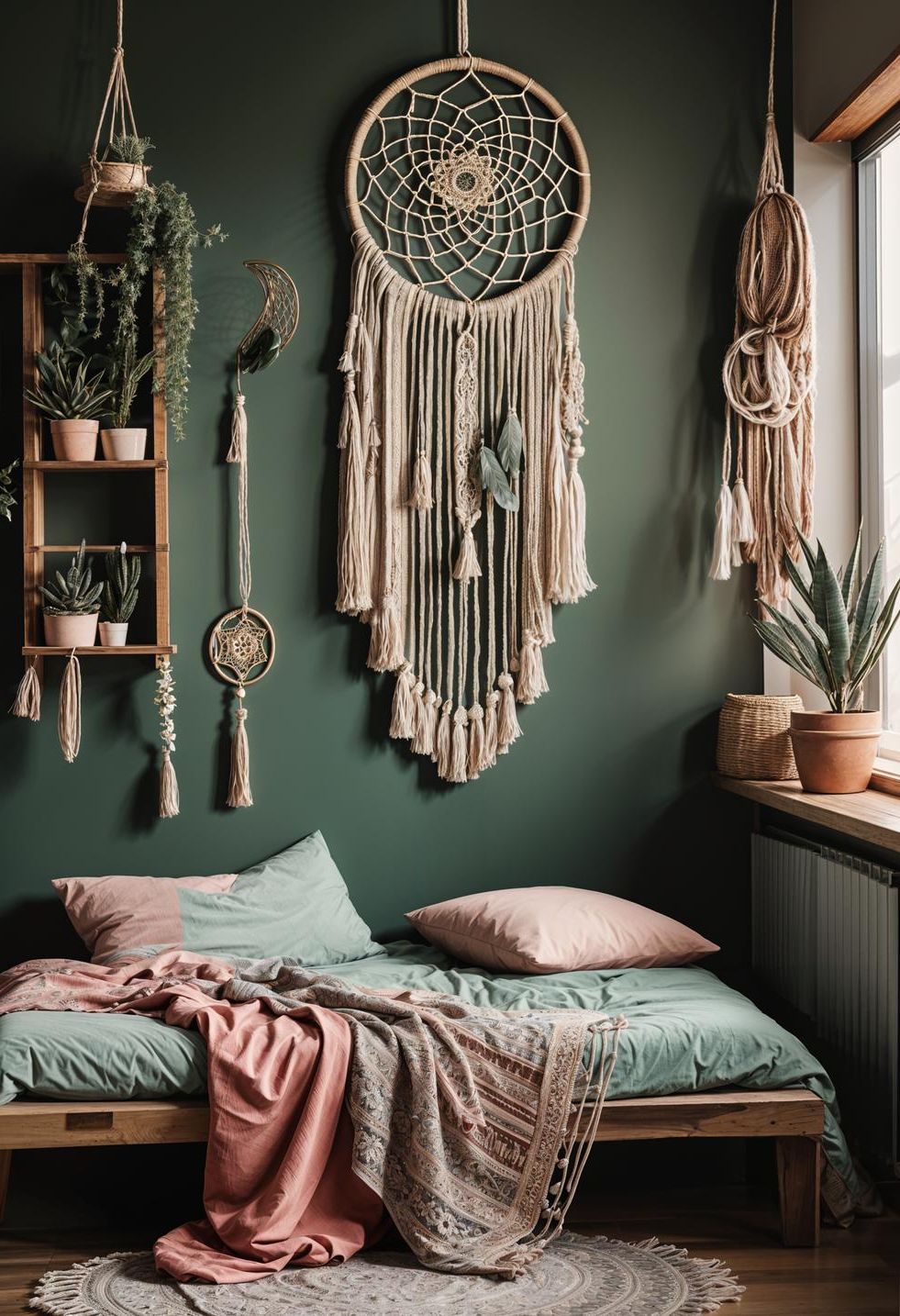 31 Chic Sage Green and Pink Bedroom Inspirations 4 1. Dreamy Boho Bedroom Decor-1