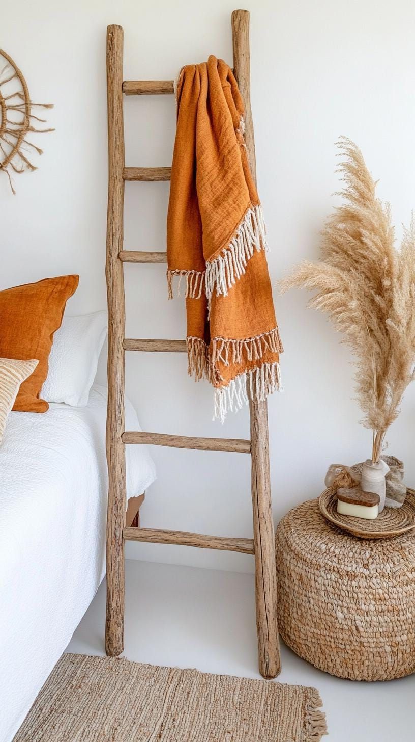 15 Unique Boho Bedroom Decor Ideas You Need To See 17 6. Vintage Ladder Blanket Rack Charm-0