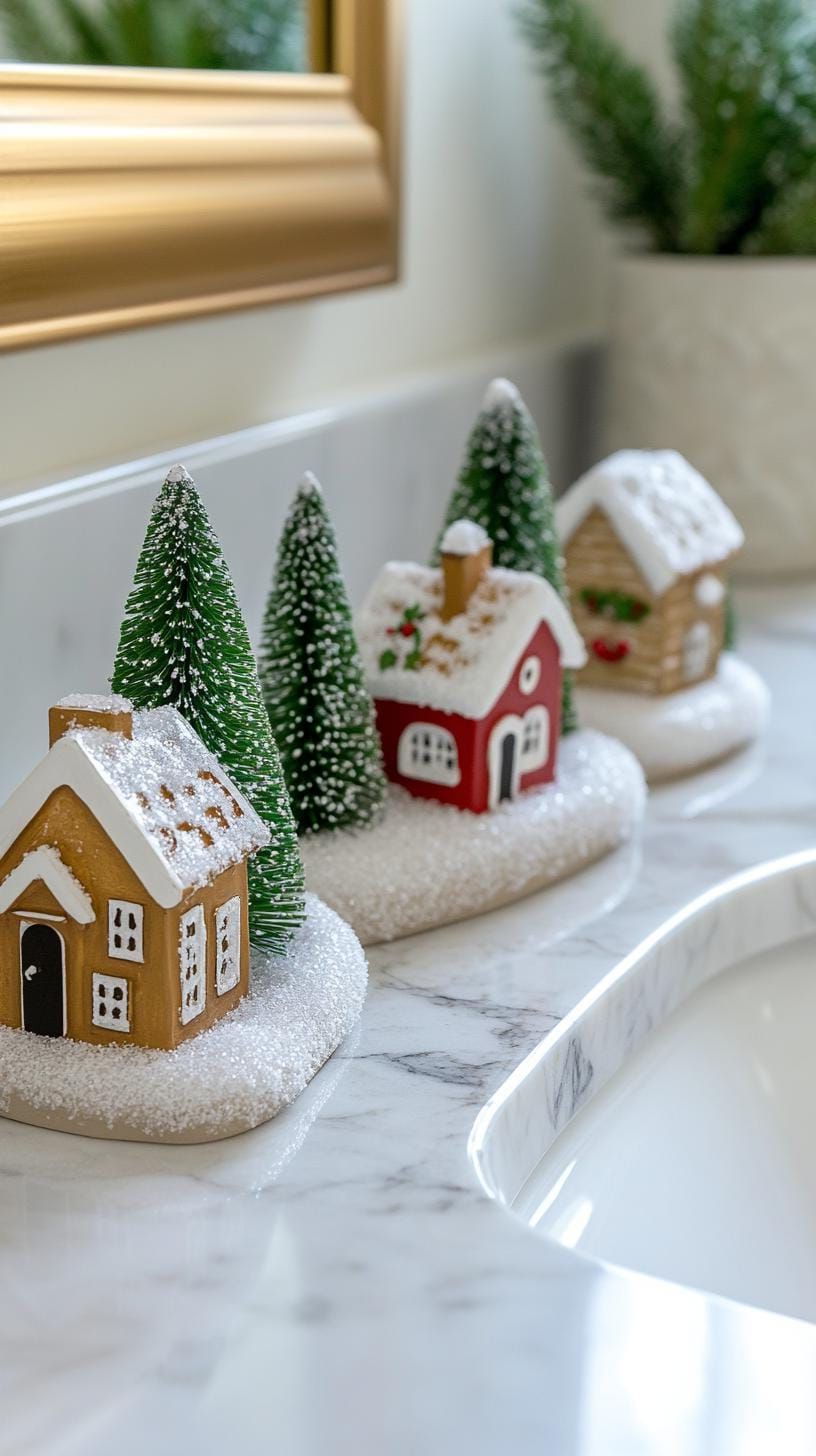 19 Simple Christmas Decor Ideas for Small Bathrooms 20 11. Mini Christmas village scene on bathroom counter-1