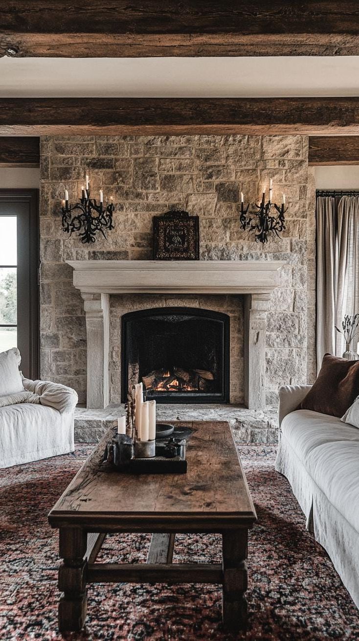 19 Cozy Moody Farmhouse Living Room Ideas That Wow 16 5. Rustic Fireplace Decor Inspiration-1