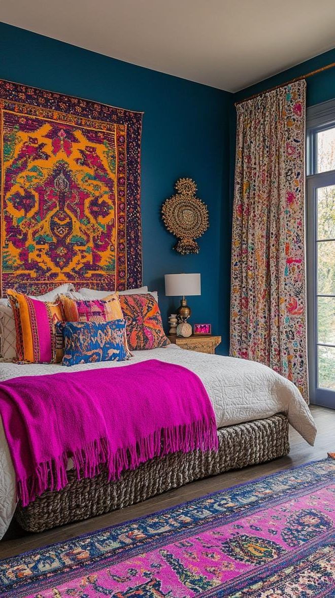 1. Earthy Tones Meets Rainbow: Incorporate lush greens, deep blues, and bursts of magenta in textiles and wall hangings-2