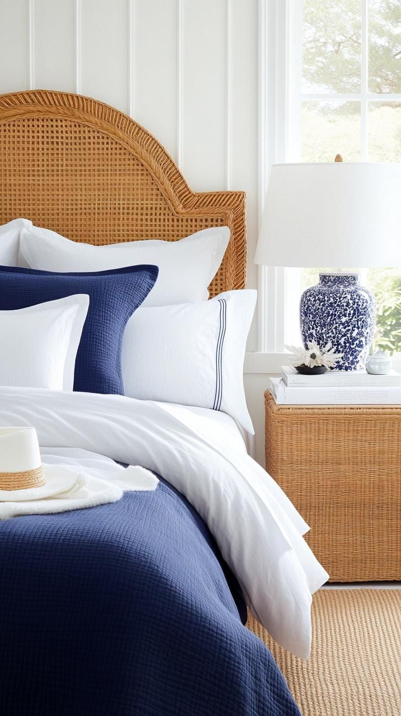 21 Best Blue Boho Bedroom Ideas To Inspire You 19 5. Serene Sapphire: Subtle sapphire tones mingled with white bedding and woven rattan lampshades-1