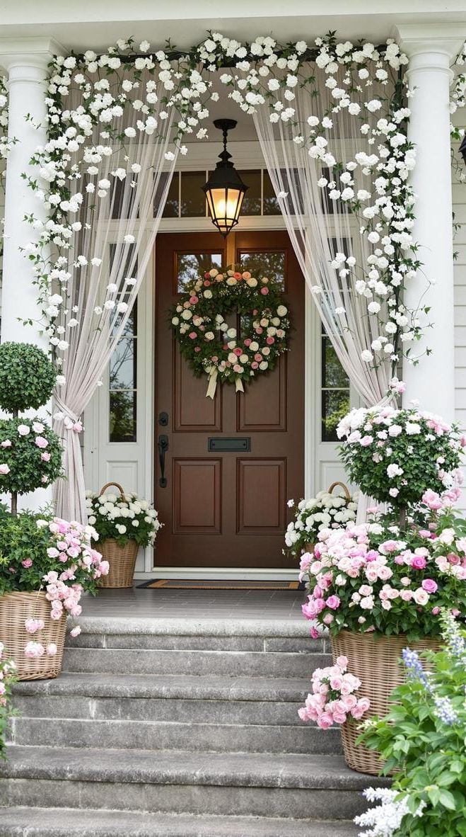 13. Cottage garden using floral drapes, wicker baskets, and rose topiary-0