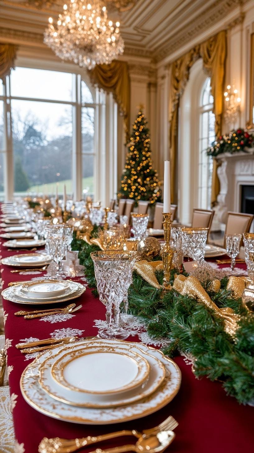 10. Elegant Christmas Dining Room with Gold-Trimmed China and Garlands-1