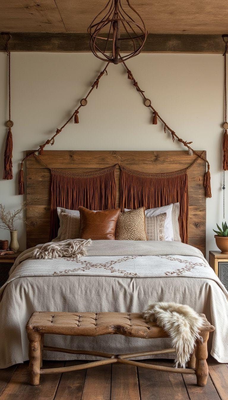 21 Stunning Western Boho Bedroom Ideas To Inspire You 9 3. Create a balance with natural textures using raw wooden headboards paired with leather tassel accents-0