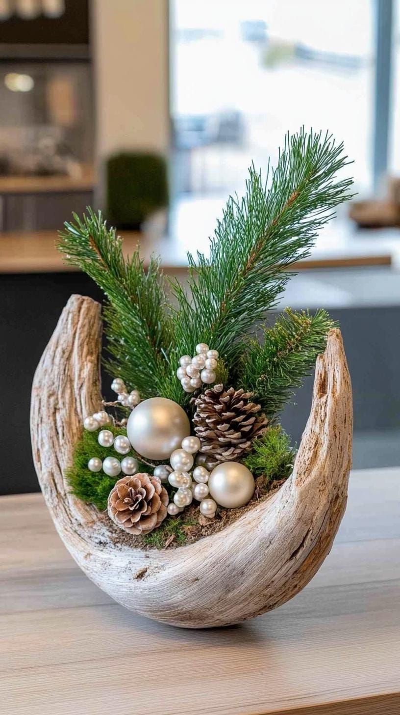 15 Stunning Winter Centerpieces to Transform Your Table 38 13. Silvery Driftwood Display: Use a long piece of driftwood, with a silvery finish, adorned with tiny pine branches and pearl-like ornaments-0