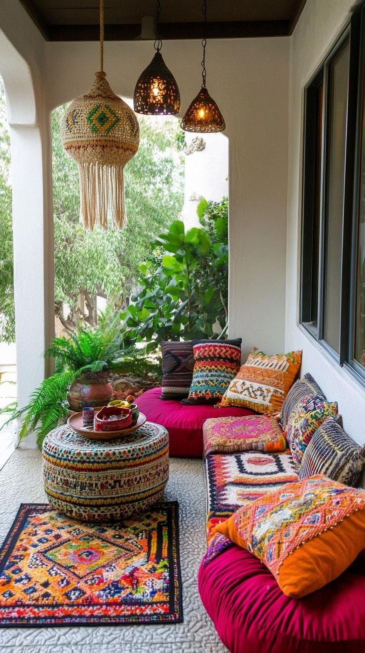 8. Bohemian sanctuary with macramé hangings, colorful floor cushions, and a mosaic table-1