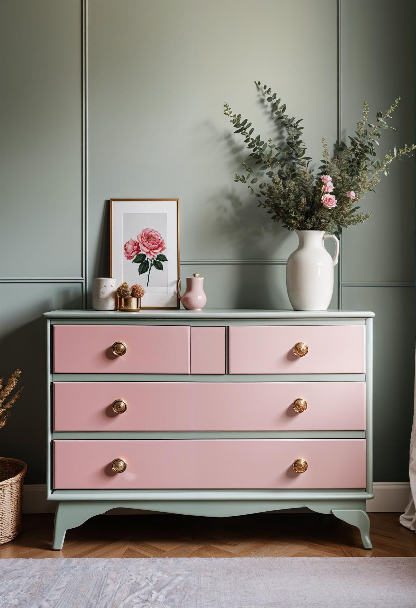31 Chic Sage Green and Pink Bedroom Inspirations 15 8. Sage Dresser with Pink Knobs-0