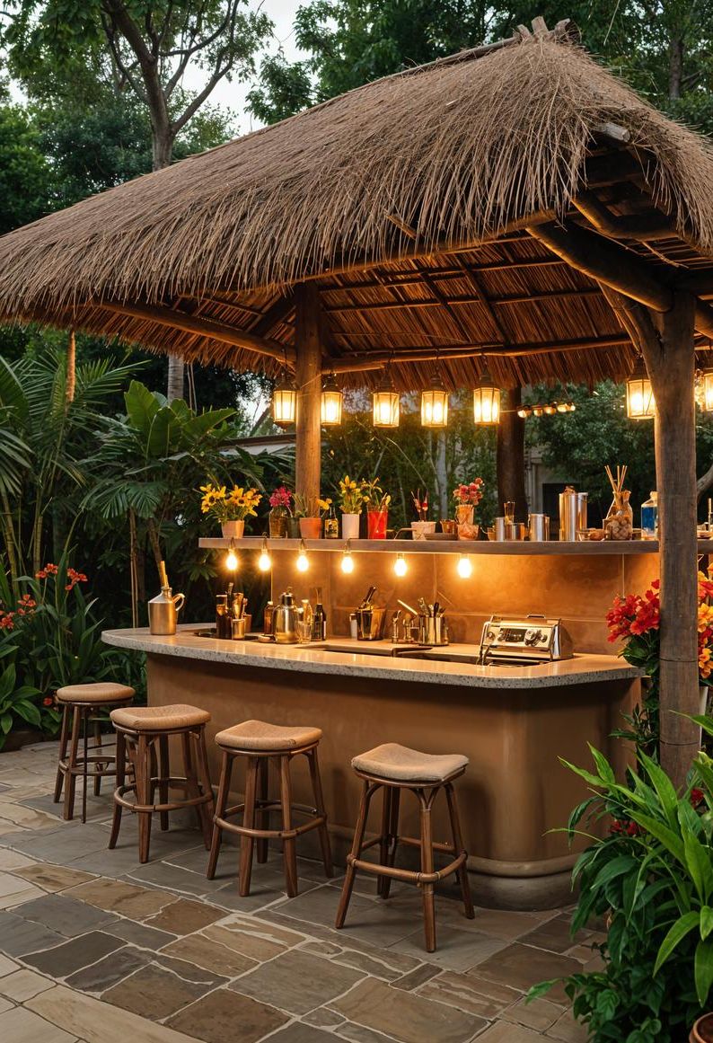 21 Stunning Outdoor Kitchen Patio Ideas (NEW) 28 10. Exotic Tropical Patio Kitchen-2