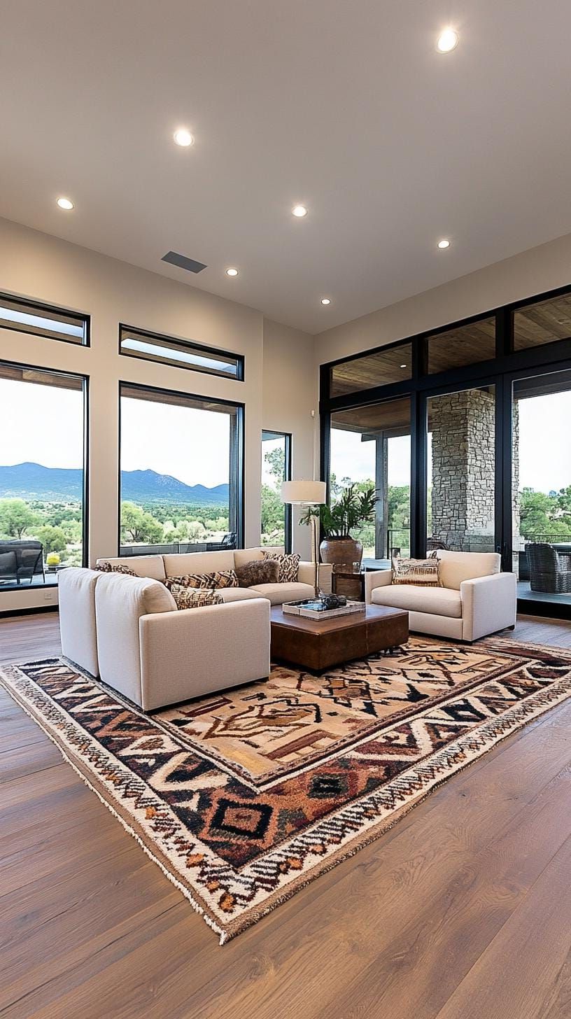 25 Chic Ranch House Decor Ideas for Modern Rustic Living 5 1. Rustic living room with Navajo-inspired patterned rugs and cozy sofas-2