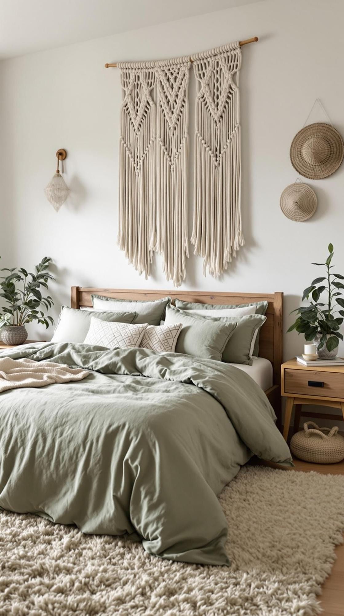 1. Layered Textures: Combine macramé wall hangings, sage green linen bed covers, and a shaggy rug for an earthy bohemian vibe-0