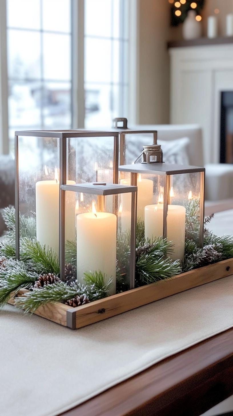 15 Stunning Winter Centerpieces to Transform Your Table 3 1. Icy Lanterns: Create frosted glass lanterns filled with winter greenery and white LED candles for an ambient glow-0