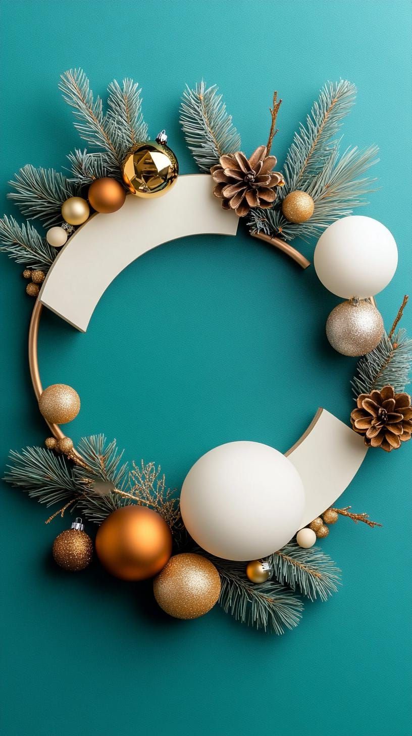 23 Vintage Mid-Century Modern Christmas Ideas to Inspire You 56 23. Asymmetrical wreath featuring geometric metallic elements-1