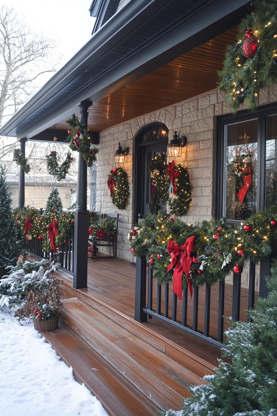 16 Unique Front Porch Christmas Decor Ideas for Holiday Season 34 12. Porch Railing Garland Swags-1