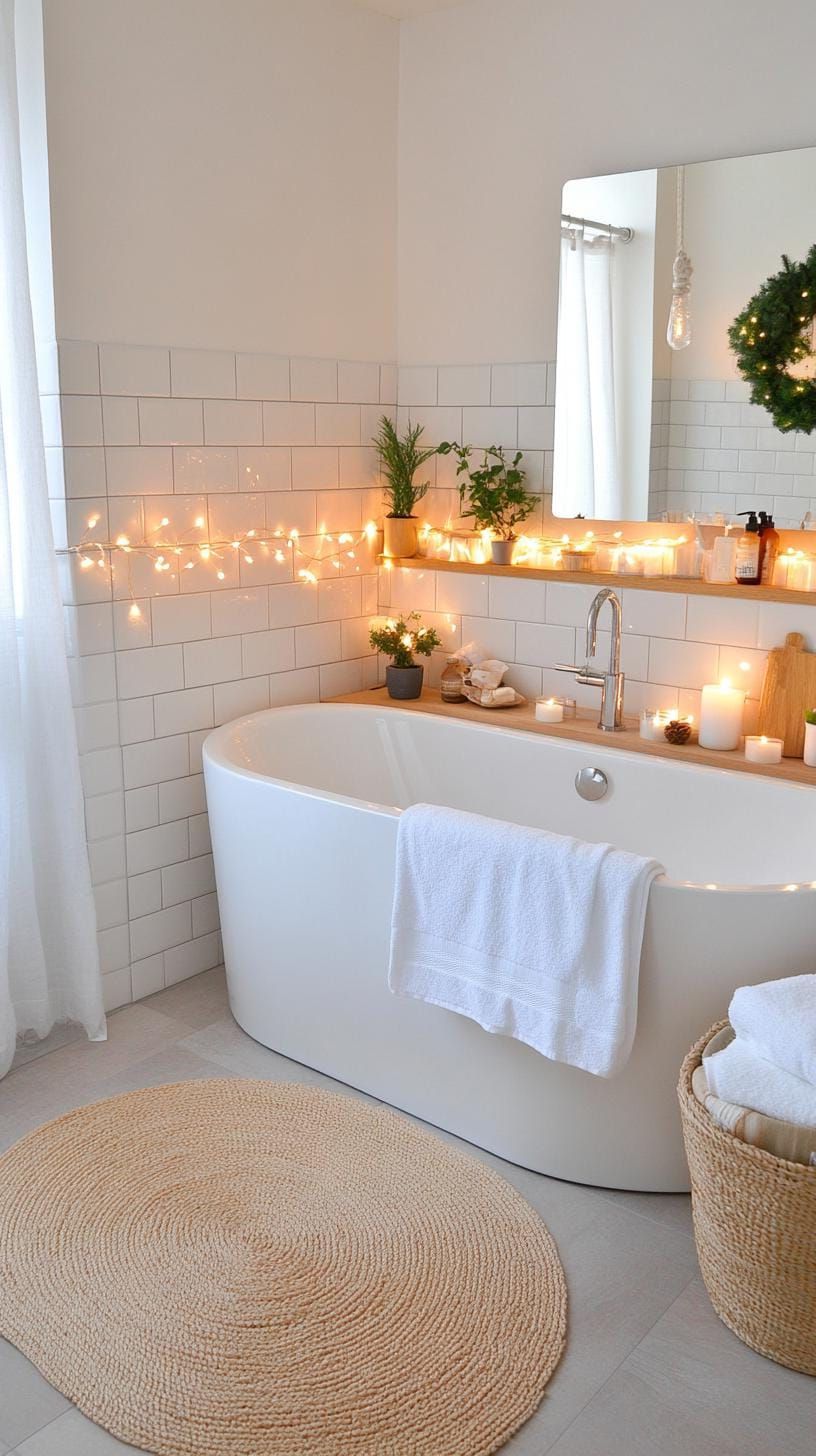 19 Simple Christmas Decor Ideas for Small Bathrooms 18 10. String of fairy lights draped over shower curtain-2