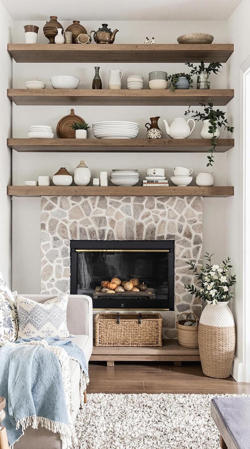 23 Best Modern Farmhouse Living Room Ideas To Inspire You 67 22. Farmhouse Style Open Shelving with Artisan Pottery Displays-1