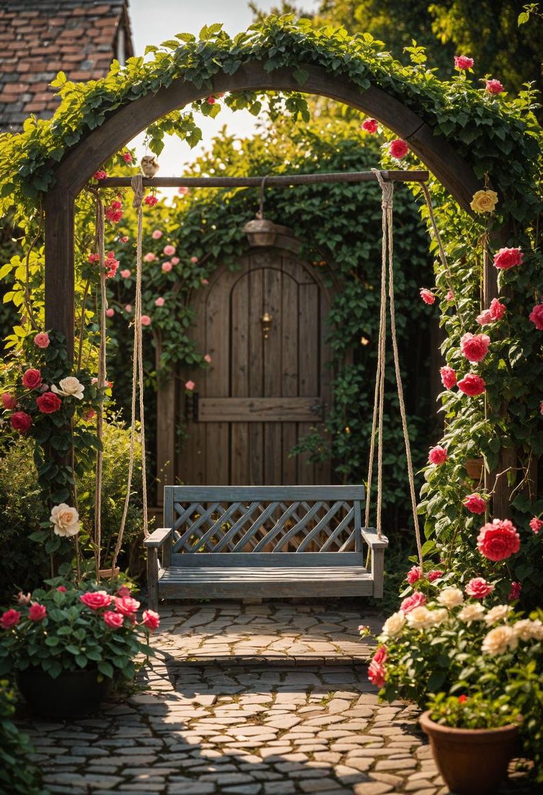 25 Stunning Small Garden Layout Ideas 12 5. Charming Garden with Wooden Swing-0