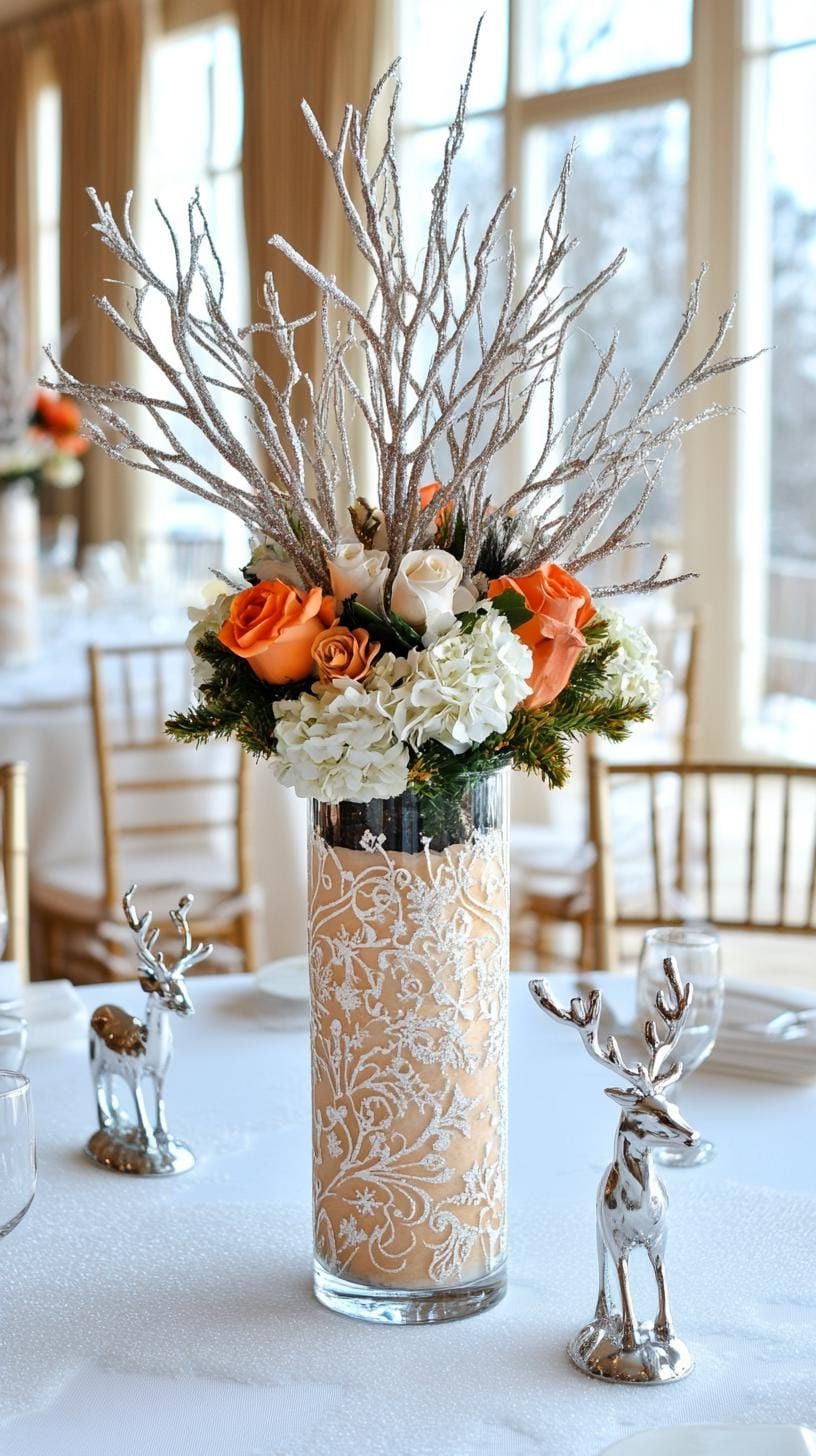 15 Stunning Winter Centerpieces to Transform Your Table 23 7. Etched Glass Hurricanes: Fill etched glass hurricanes with layers of artificial snow and small silver figurines in winter motifs, like deer or ice skaters-1
