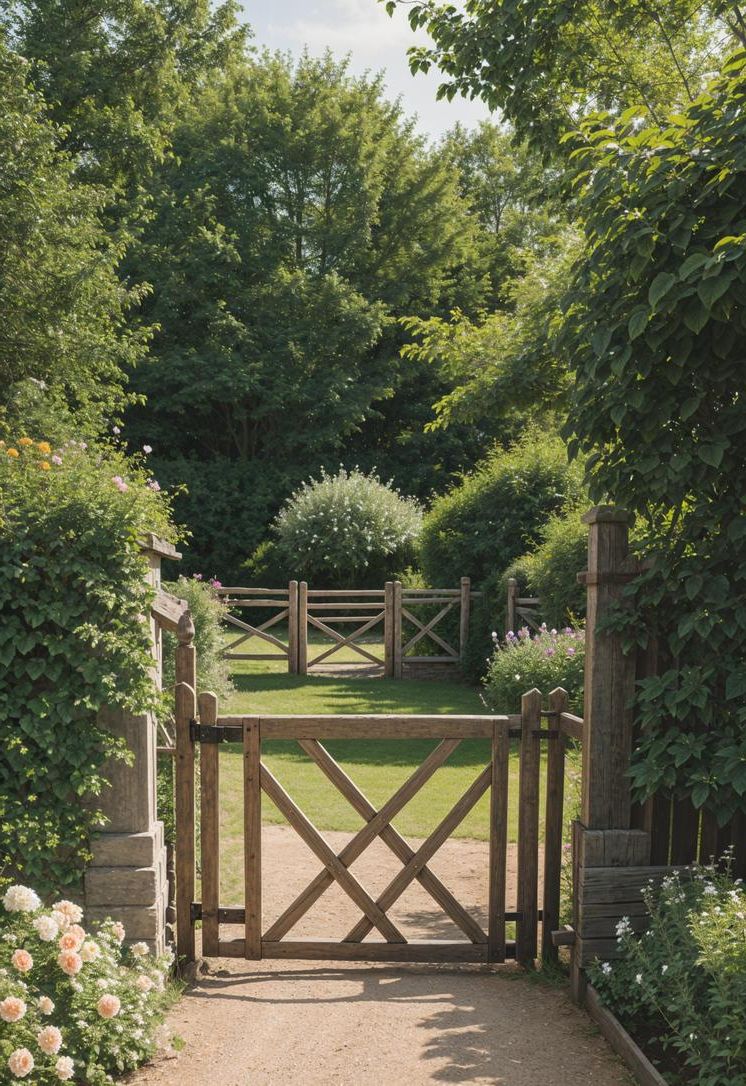 19 Inspiring Farmhouse Gate Ideas for Charming Entrances 19 12. Vintage Farm Tool Garden Gate-1