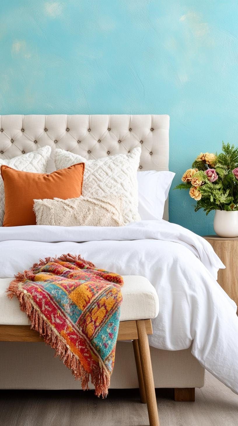 21 Best Blue Boho Bedroom Ideas To Inspire You 67 21. Blue Haze Harmony: Build a reflective haze haven with muted blue wallpapers and rich tapestry throws-0