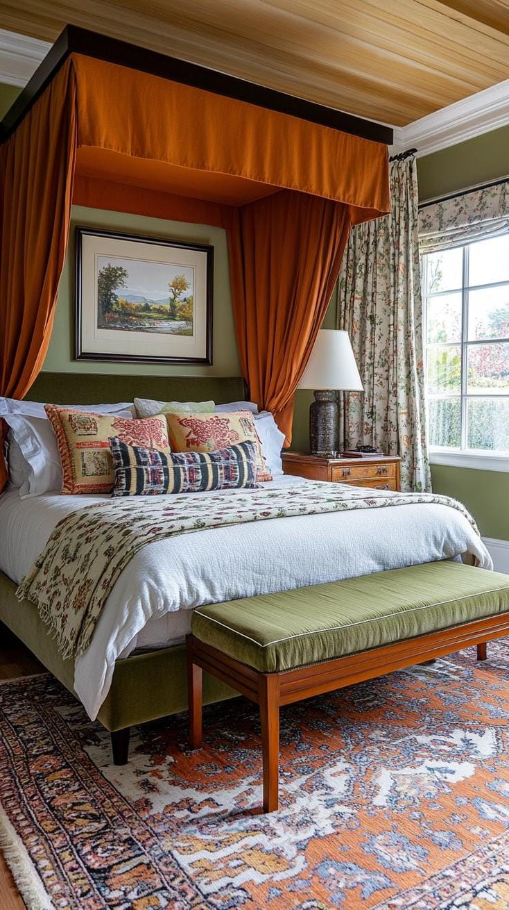 23 Stunning Olive Green Bedroom Ideas You’ll Absolutely Love 41 12. Vintage Olive Green Bedroom with Antique Furniture and Retro Patterns-2