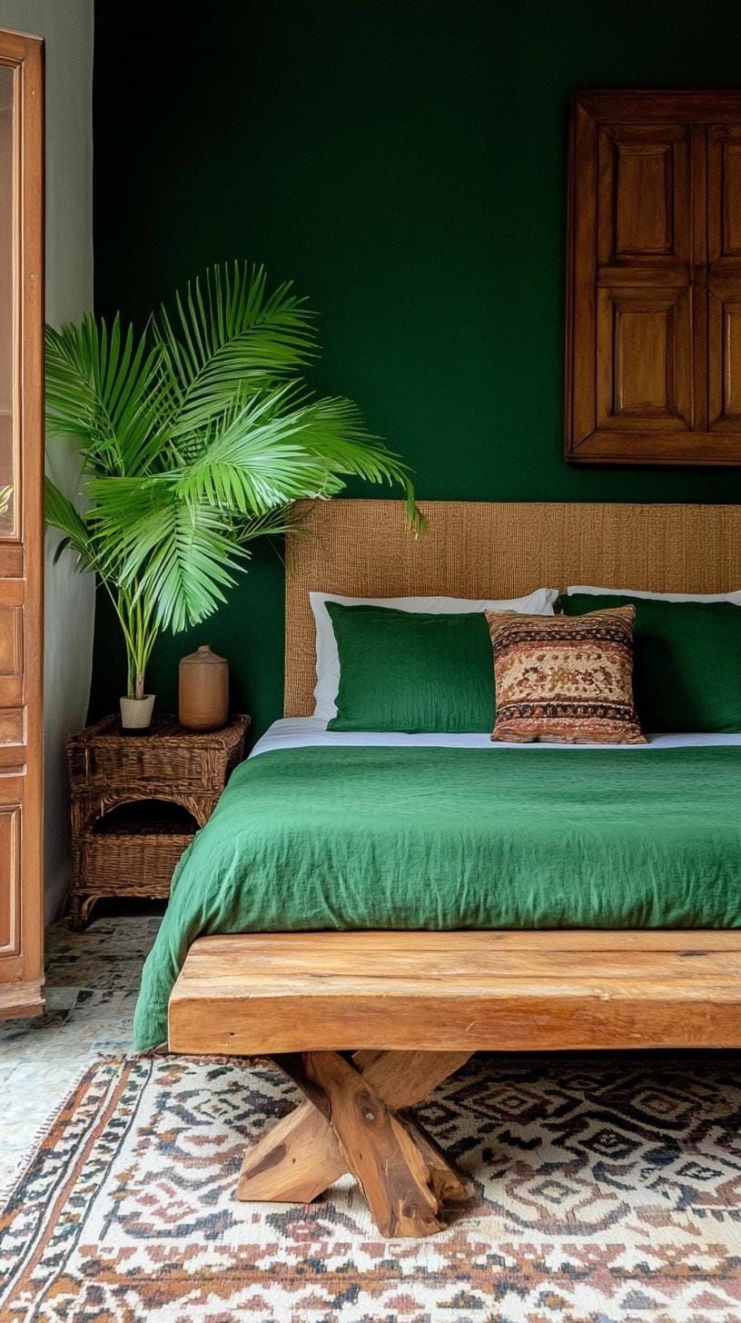 14. Low wooden bed frame with patterned rug and green bedding-2