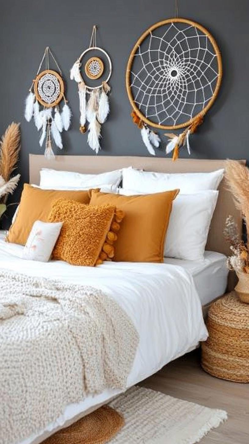 16. Minimalist wall decor with dreamcatchers and antique art-2