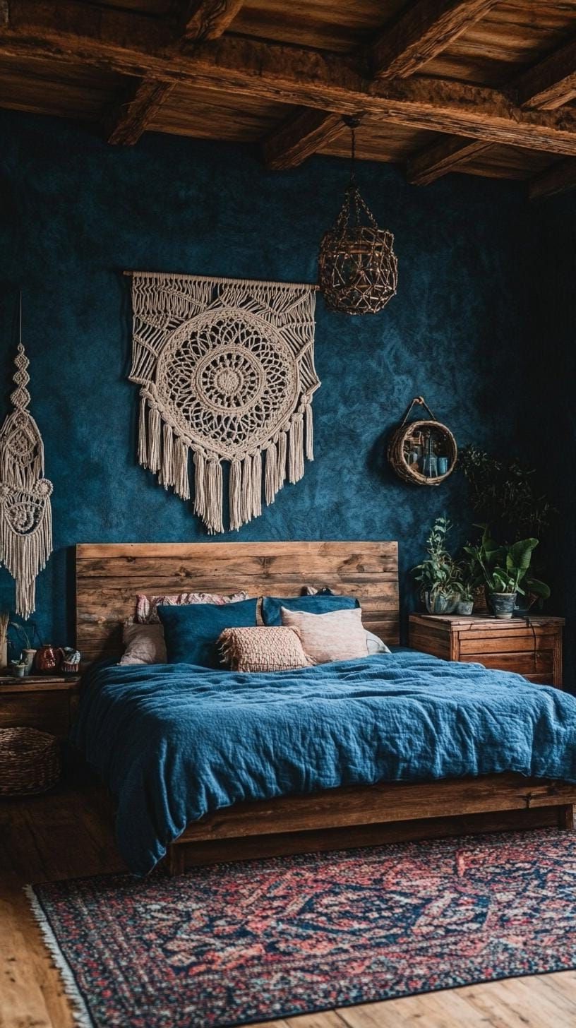 6. Moody dark blue walls paired with rustic wooden furniture-0