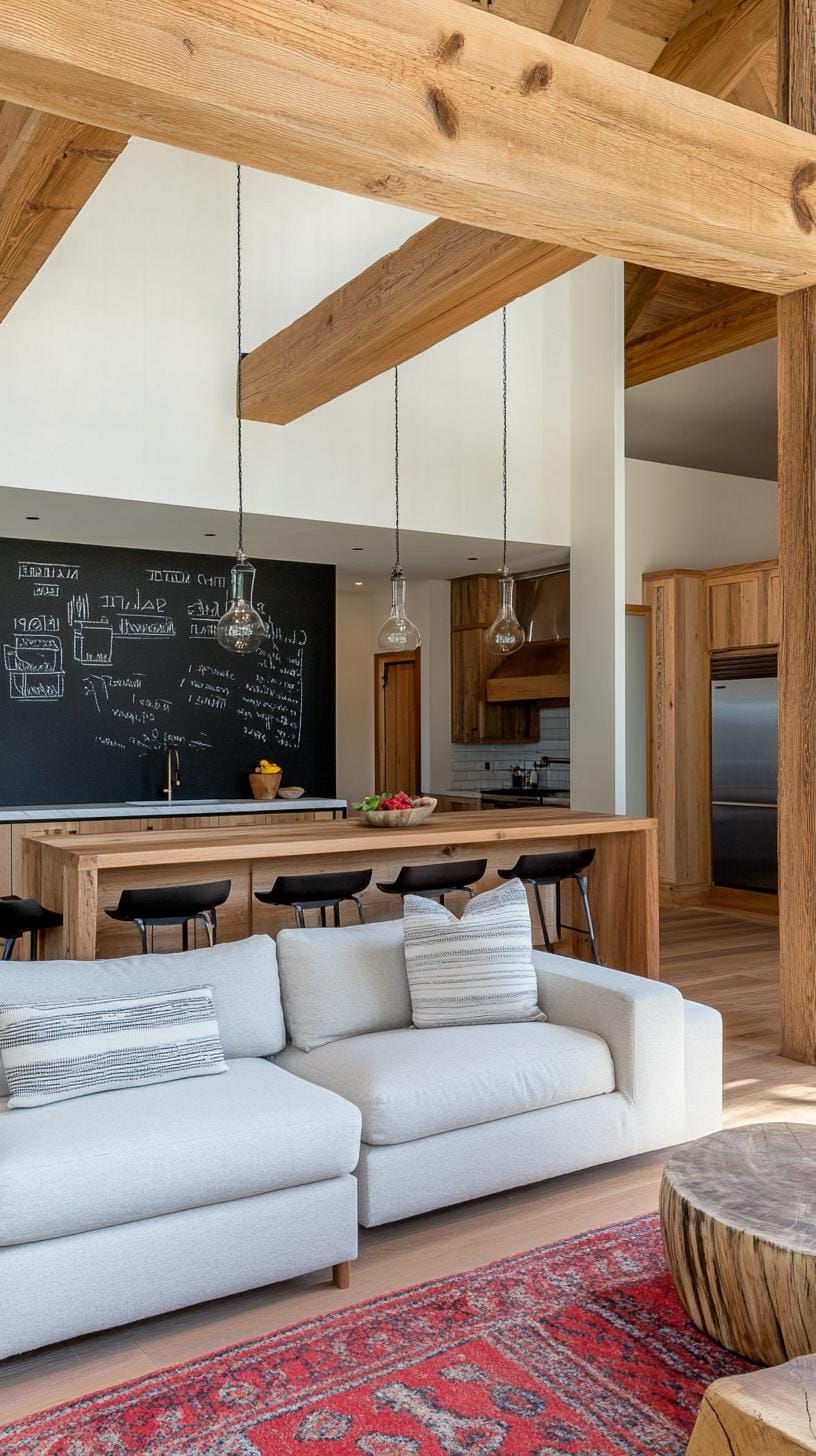 21 Best Industrial Farmhouse Living Room Ideas to Inspire 33 11. Create contrasting elements using a bold black chalkboard feature wall against light neutral furniture and raw wood accents-0
