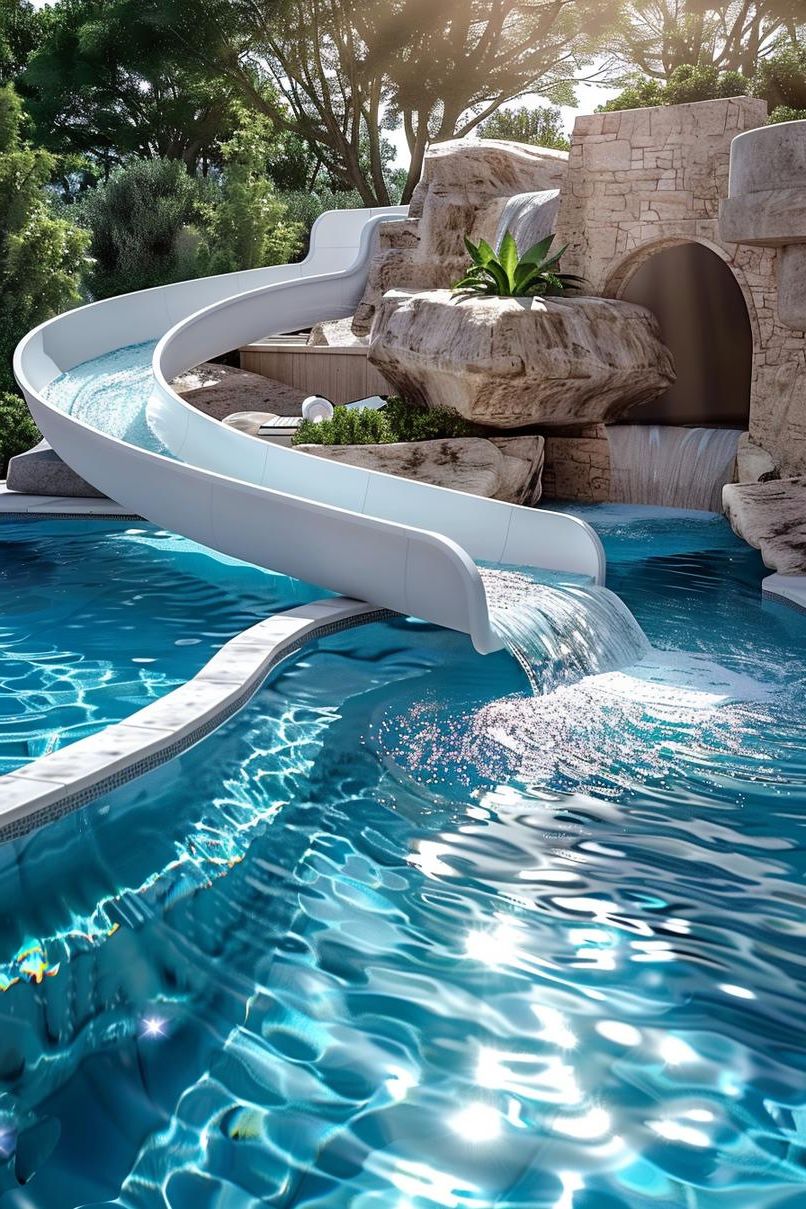 15 Modern Pool Designs Transforming Your Backyard 14 5. Bi-level Pool with Waterslide Concept-0