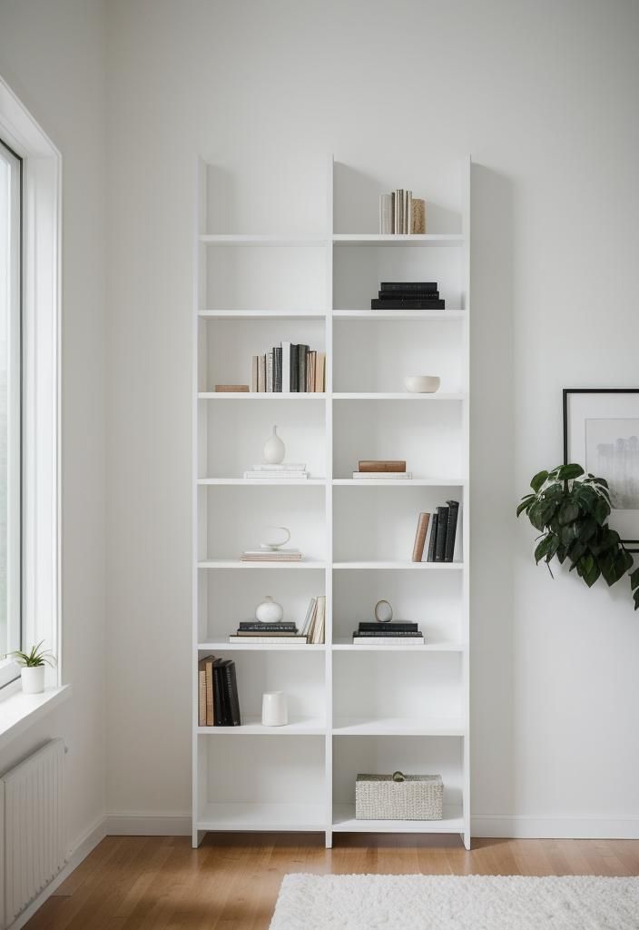 21 Elegant Built-In Shelves Ideas for the Living Room 3 1. Minimalist Floor-to-Ceiling White Shelves-0