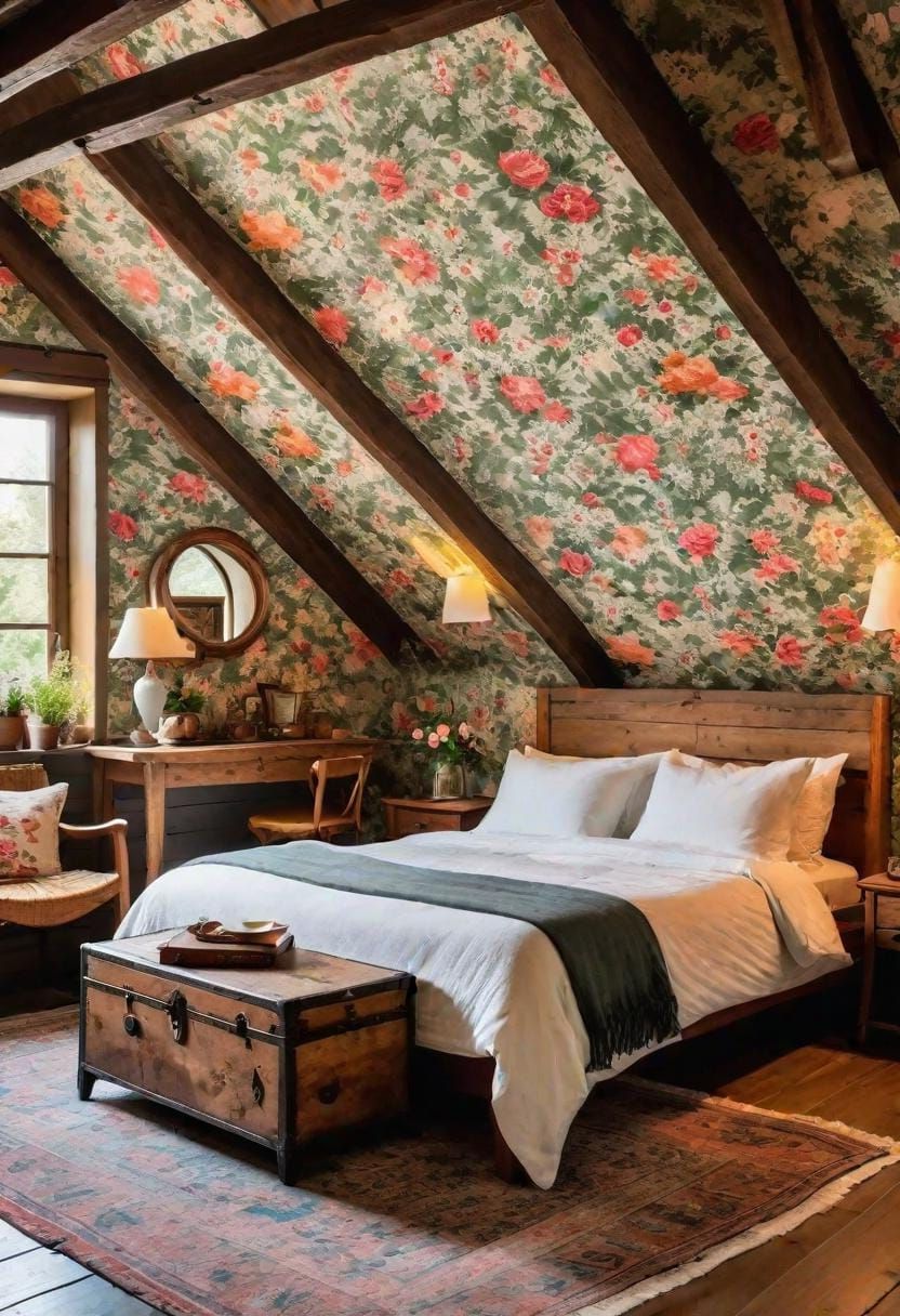 21 Cute Attic Bedroom Ideas You Will Love 7 2. Create a cozy cottage retreat with floral wallpaper, vintage furnishings, and natural wood beams-1