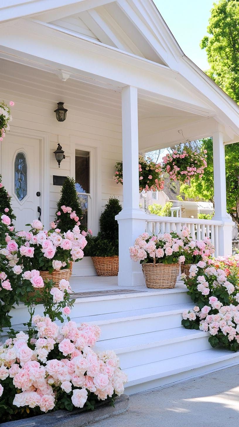 13. Cottage garden using floral drapes, wicker baskets, and rose topiary-2