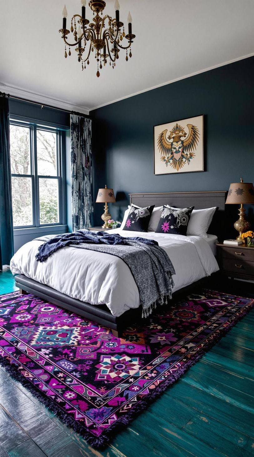 13. Statement bohemian area rug with deep purples and blacks, against a tinted deep teal wooden floor-0