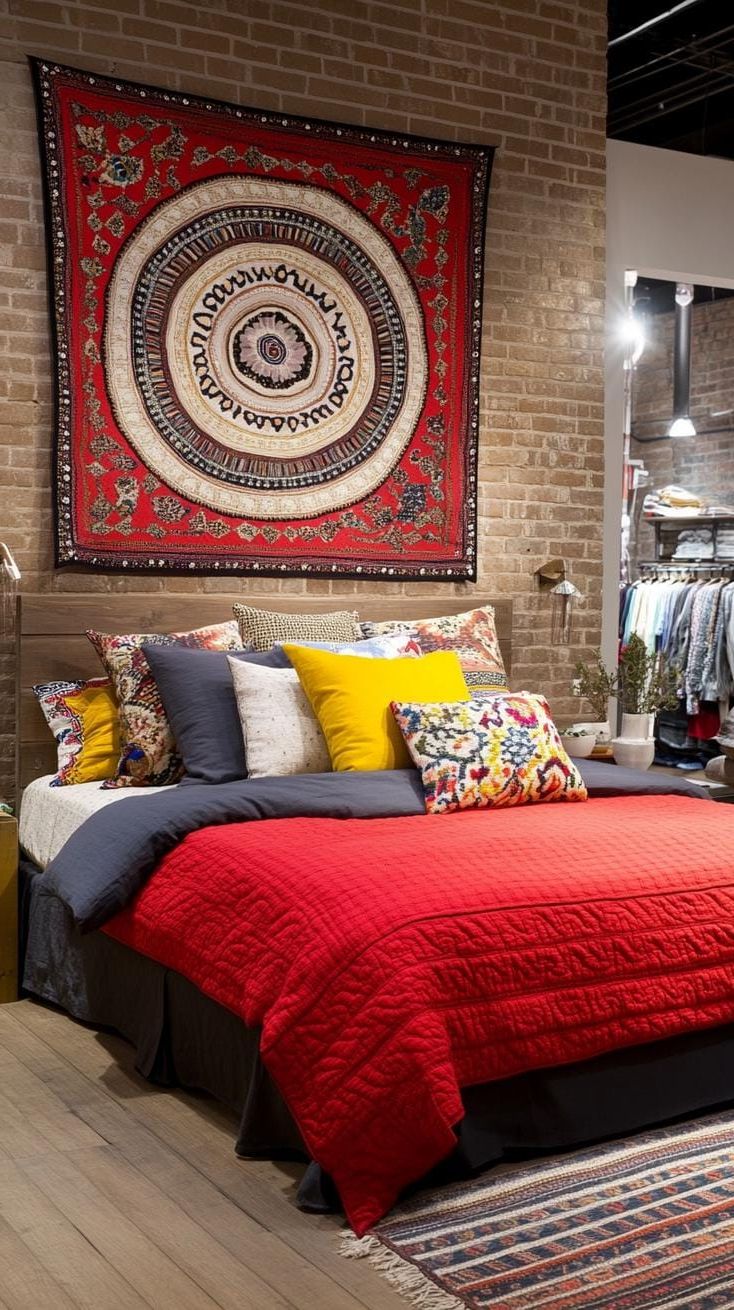 16. Magical Tapestry Territory: Hang colorful, intricate tapestries in rich reds and navy blues around the room-0