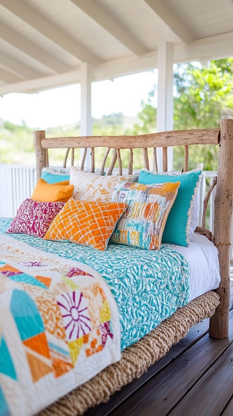 21 Best Blue Boho Bedroom Ideas To Inspire You 47 14. Caribbean Calm: Emulate tropical blues with driftwood-inspired headboards and patchwork quilt bedding-2